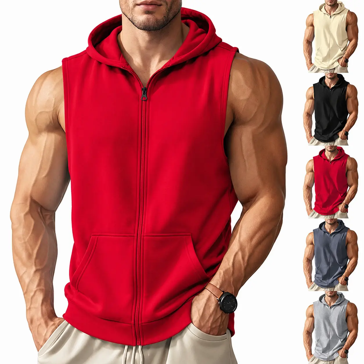 Men's Zip Up Hoodie Tank Vest, Sleeveless Workout Jacket, Athletic Gym Training Top with Pockets for Fitness and Running