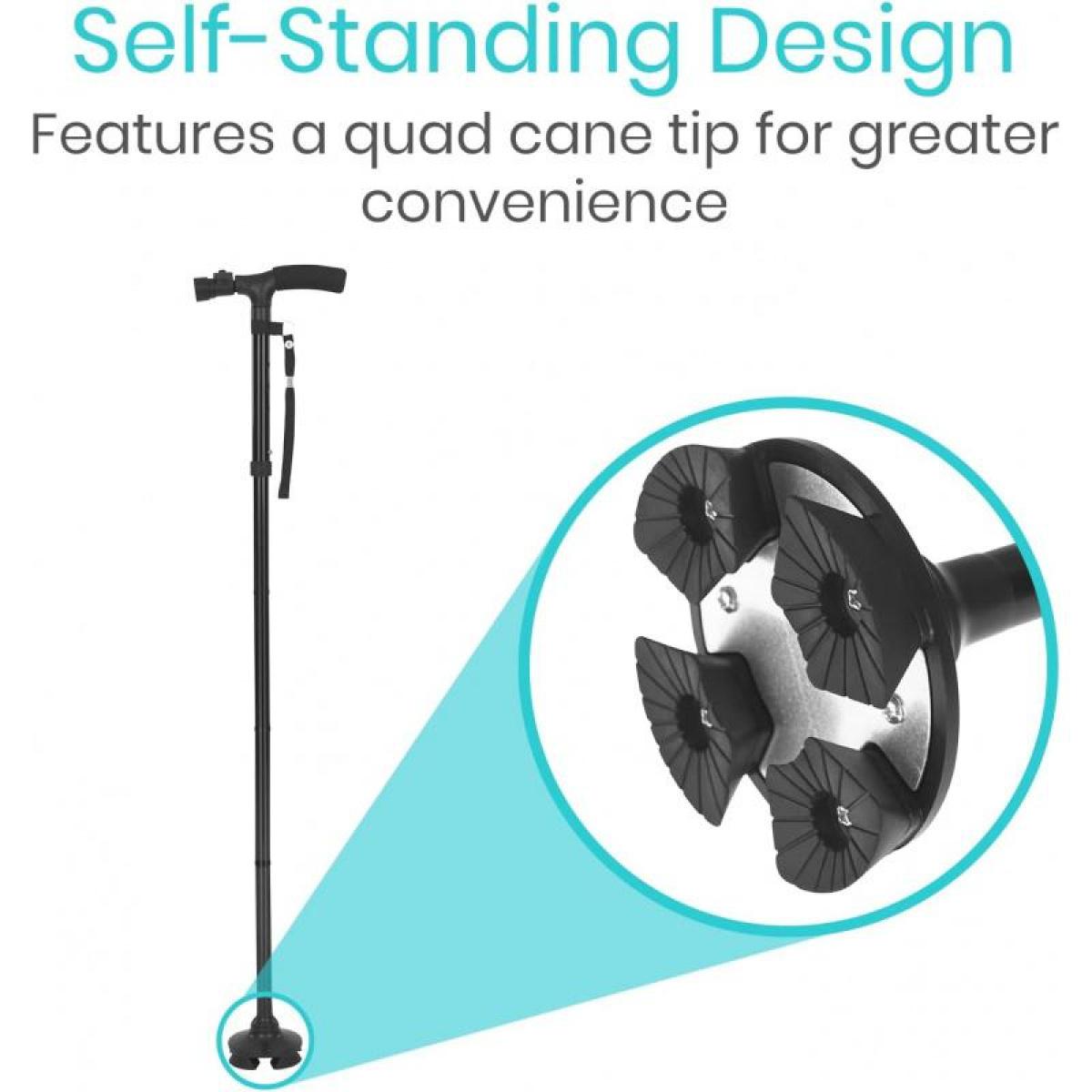 Vive Folding Cane - Adjustable Walking Stick for Men & Women, Swivel Quad Tip, Lightweight Heavy Duty Balance Aid, Compact Collapsible, Ergonomic Grip, Wrist Strap, 33"-38" Height Adjustable Tool