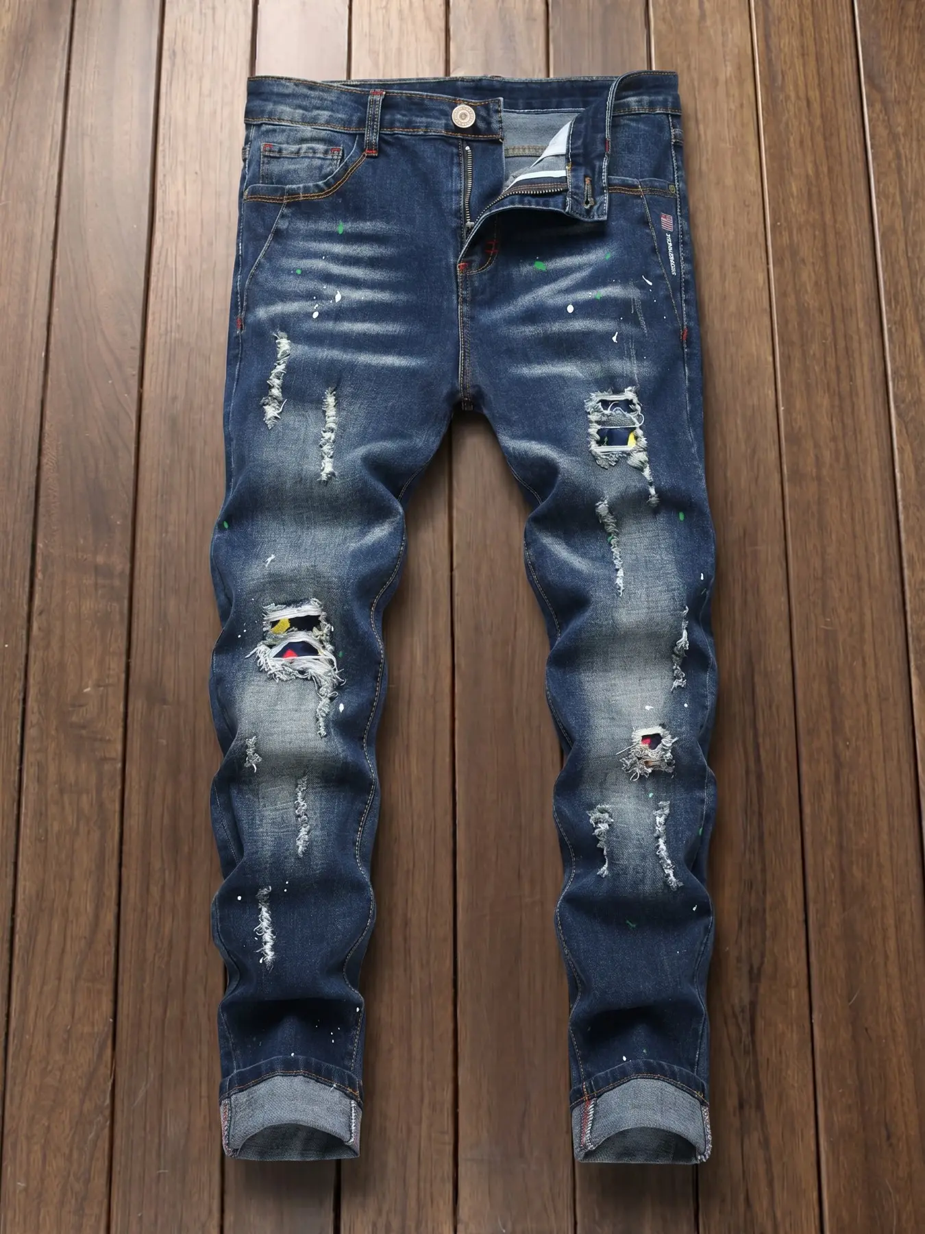 Men's Deep Blue Washed Distressed Slim Fit Jeans, Graffiti Ripped Plaid Patch Vintage Straight Leg, Hip Hop Streetwear Aesthetic Casual Pants
