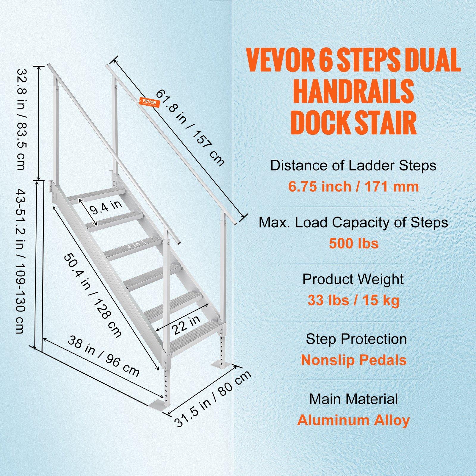 【Summerfinds】6-Step Aluminum Adjustable Dock Ladder, 43-51in Free Height Adjustment, 500lbs Load Capacity, Dual Nonslip Mat Rails, Comfortable Walking, 31.5x72.8x82.3in Size, Ideal for Swimming Pools, Safe for Child & Elderly, Handrail
