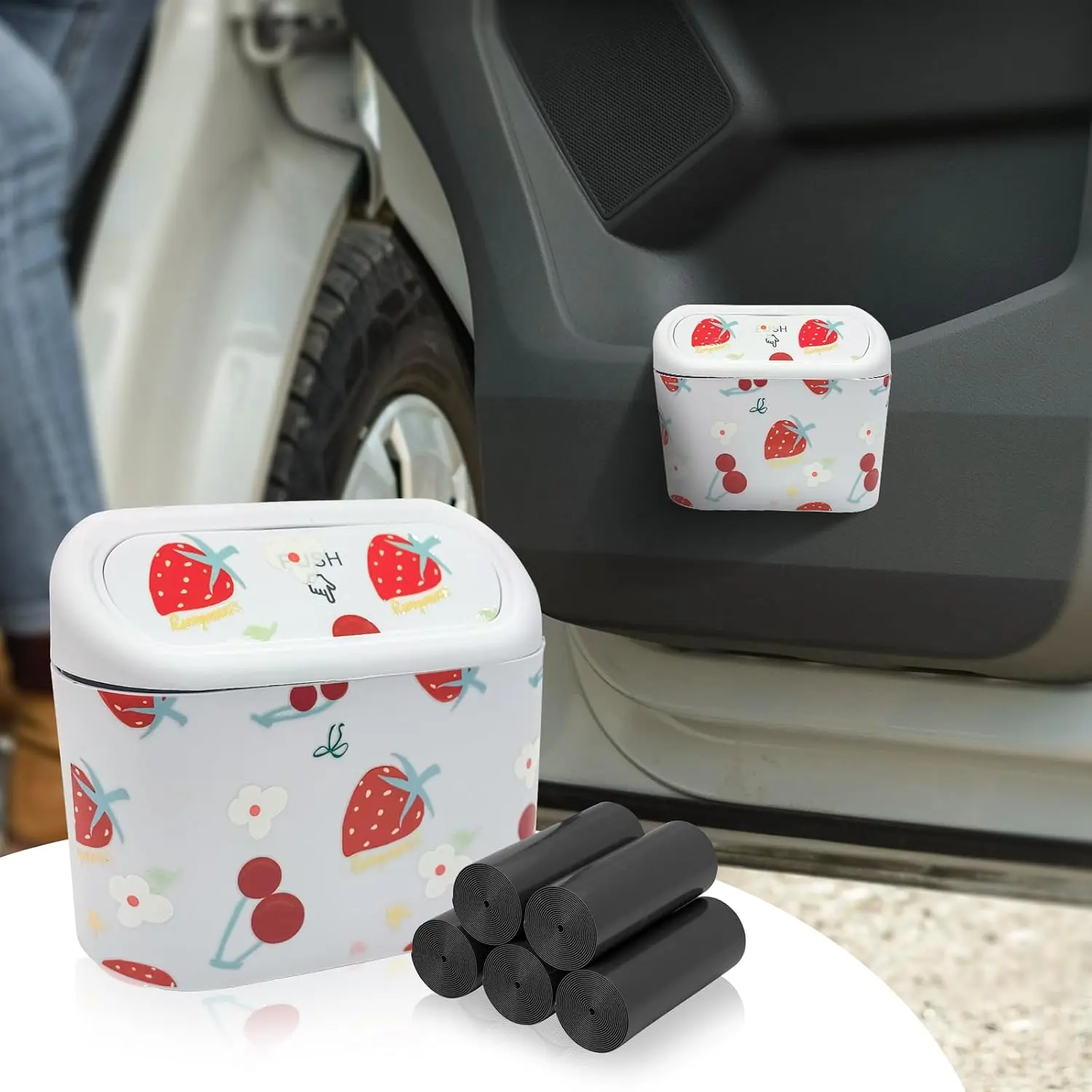 Mini  Trash Bin with Lid – Automotive Garbage Can with 5 Trash Bags,  & Leakproof  Interior  Box for , Office,  (White)