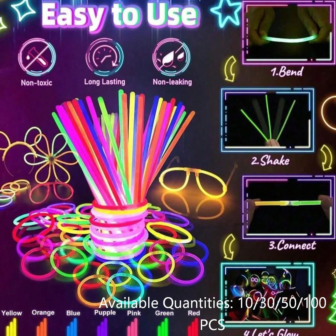 10/30/50/100 PCS Upgraded Multicolor Glow Sticks, High Bright Long Lasting 8-12 Hours Luminous Sticks with Connectors, Light Up Supplies for Wedding Reception, Concert, Bar, Nightclub, Party Ceremony Favors