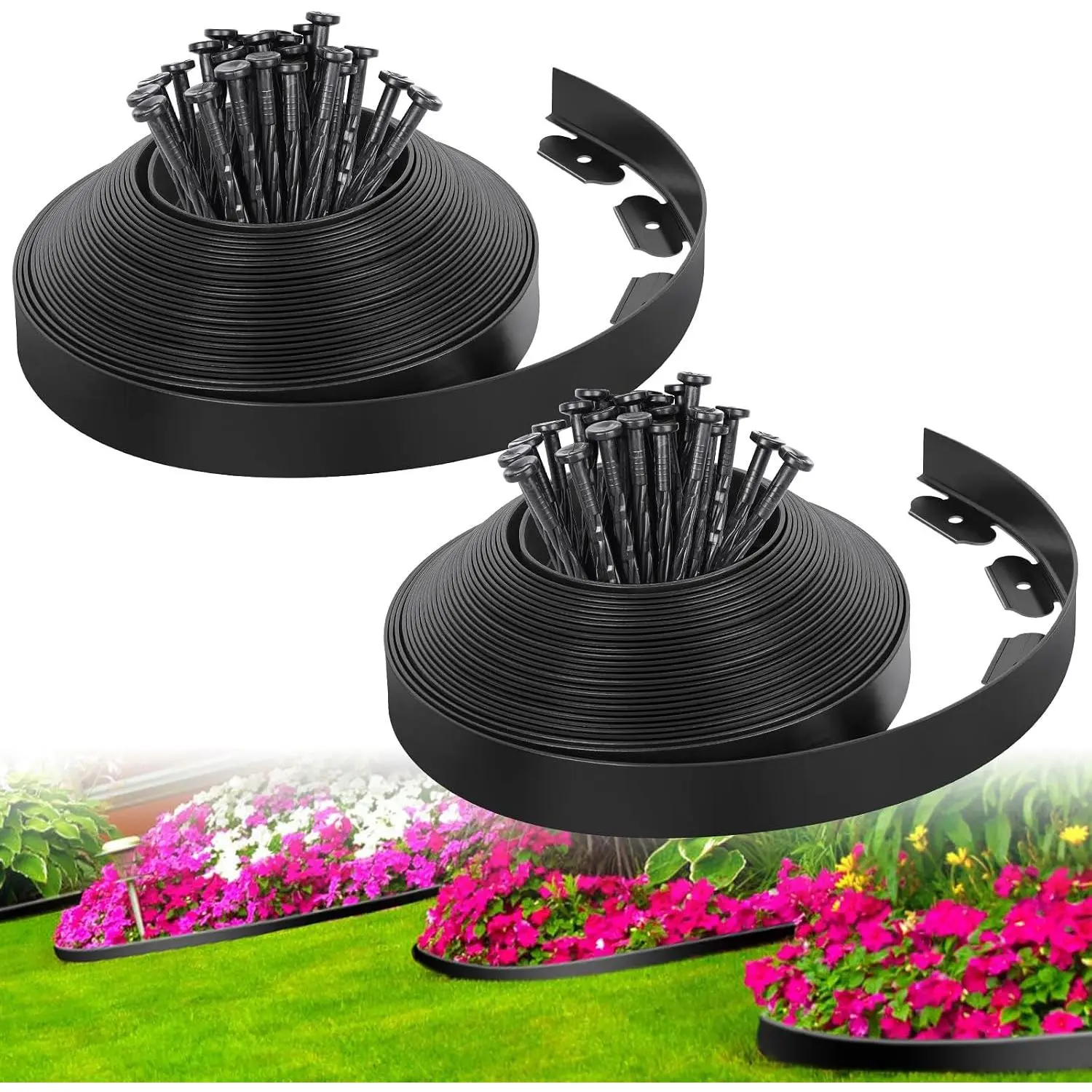 2-Inch x 66 FT Landscape Edging Border with 100 Spikes, No Dig Garden Border Edging Kit, Plastic Edging Border Flexible for Garden Flower Beds Lawn Yard Paver Pathway (Black)