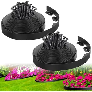 2-Inch x 66 FT Landscape Edging Border with 100 Spikes, No Dig Garden Border Edging Kit, Plastic Edging Border Flexible for Garden Flower Beds Lawn Yard Paver Pathway (Black)