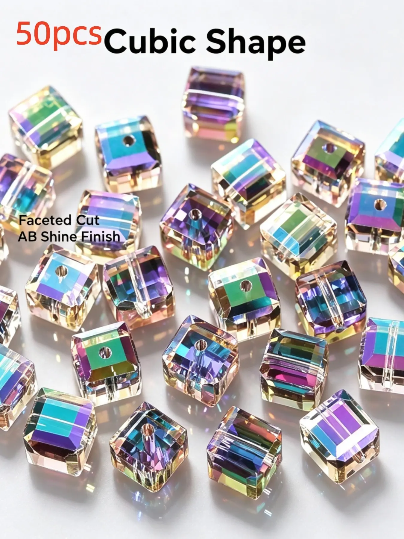 50 Pieces Rainbow Ab Square Crystal Beads, Multifaceted Polished Cubic Loose Beads, Aurora Shine Transparent Glass Beads for Necklaces Bracelets, DIY Craft Supplies