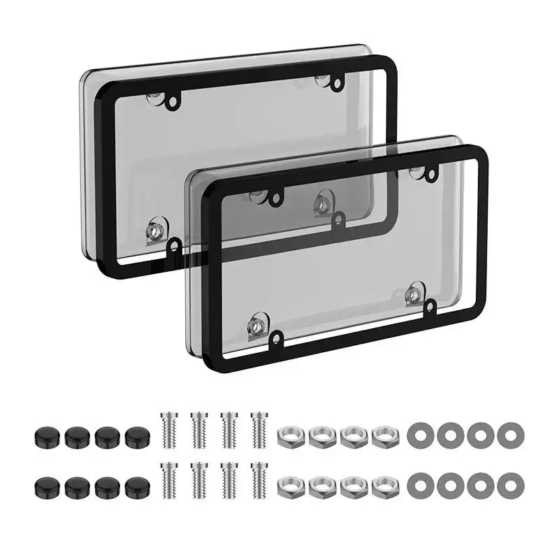 2 Piece Us Standard License Plate Frame Set, Transparent// Smoked Protection Cover, Plastic Metal Universal Car License Frame with Mounting Kit, License Plate Protector, Automotive Car Accessories