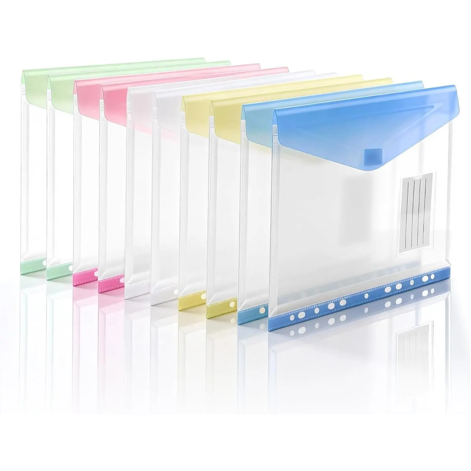 10 Pack Plastic Envelopes Binder Pocket with Tight Closure, 11 Holes Expandable Binder Folders, Side Loading Pockets, Binder Organizer, Letter Size, Assorted Colors
