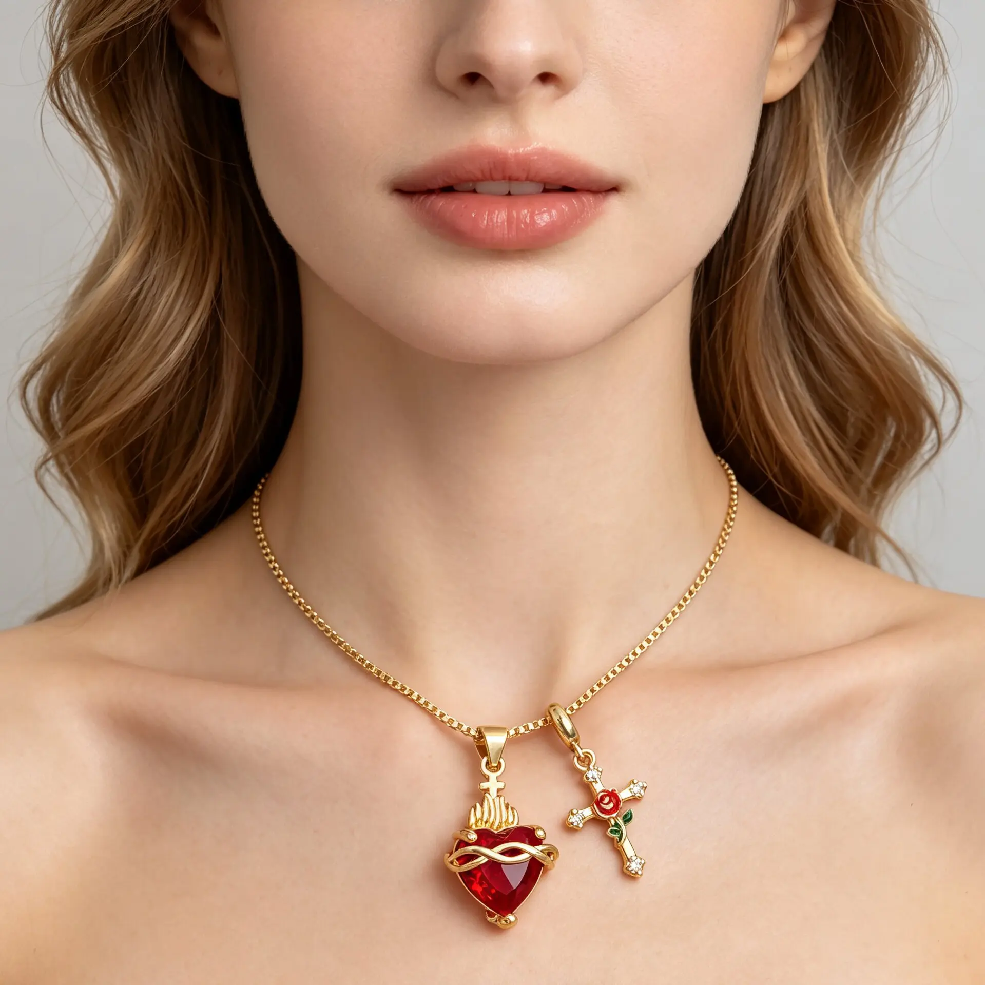 Dainty Layerable Flaming Sacred Heart Statement Necklace|14K Gold Box Chain with Red Zircon & Rose Crystal Cross Charm, Catholic Religious Boho Retro Amulet Jewelry, Versatile For Daily Party, Lovely Gift For Her Birthday & Valentine