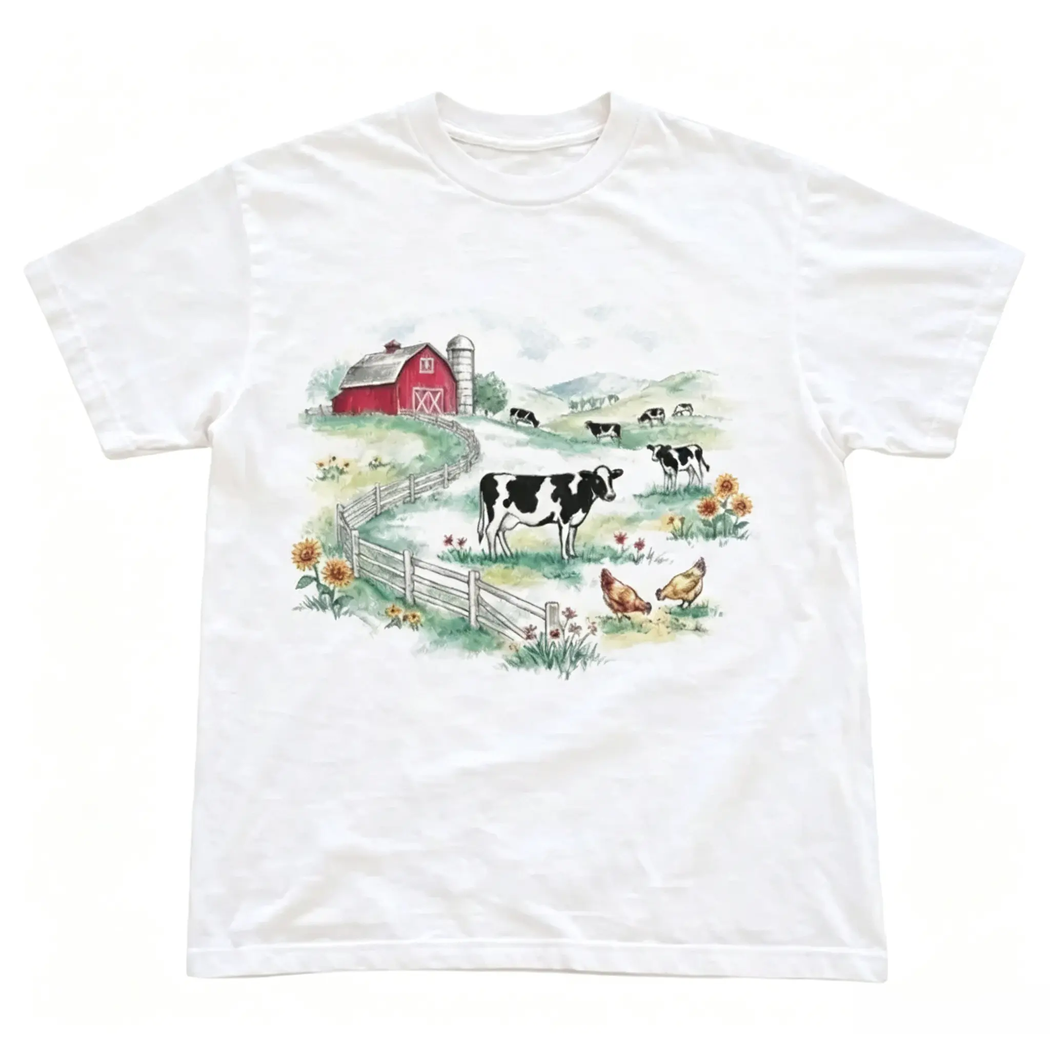 Farm Life Red Barn Cows Chickens Sunflowers White Tee Cottagecore Country Unisex Short Sleeve Tops