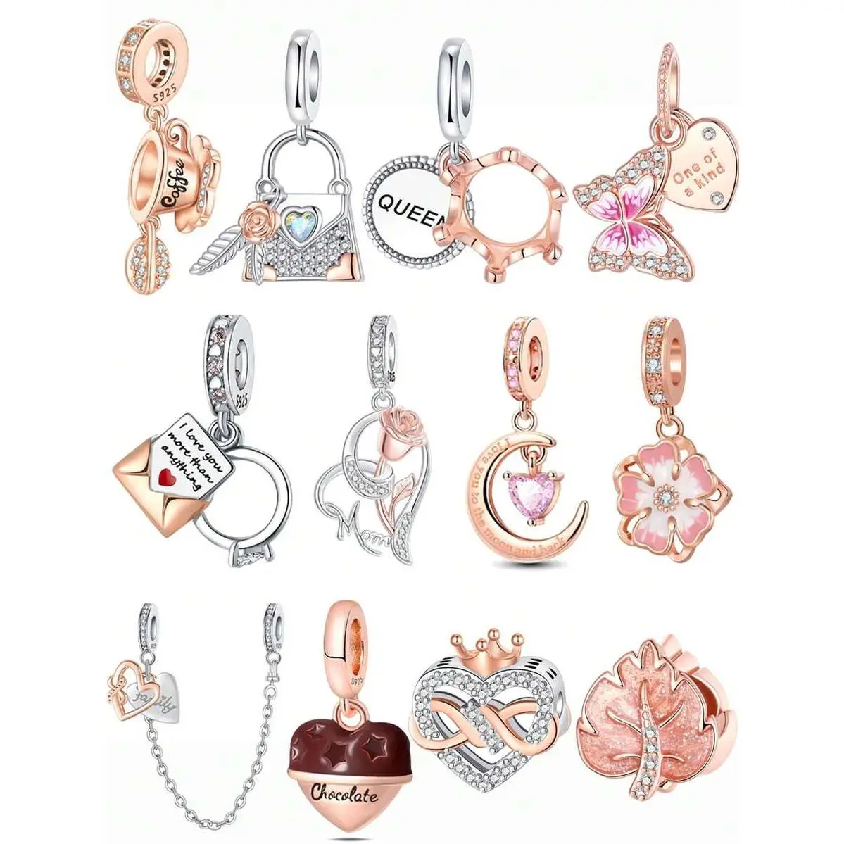 Silver Plated Charm Crown Bag Coffee Ring Chocolate Rose Love Rose Gold Series Pendant Charm Pendant Ball Suitable For Bracelets DIY Women's Jewelry