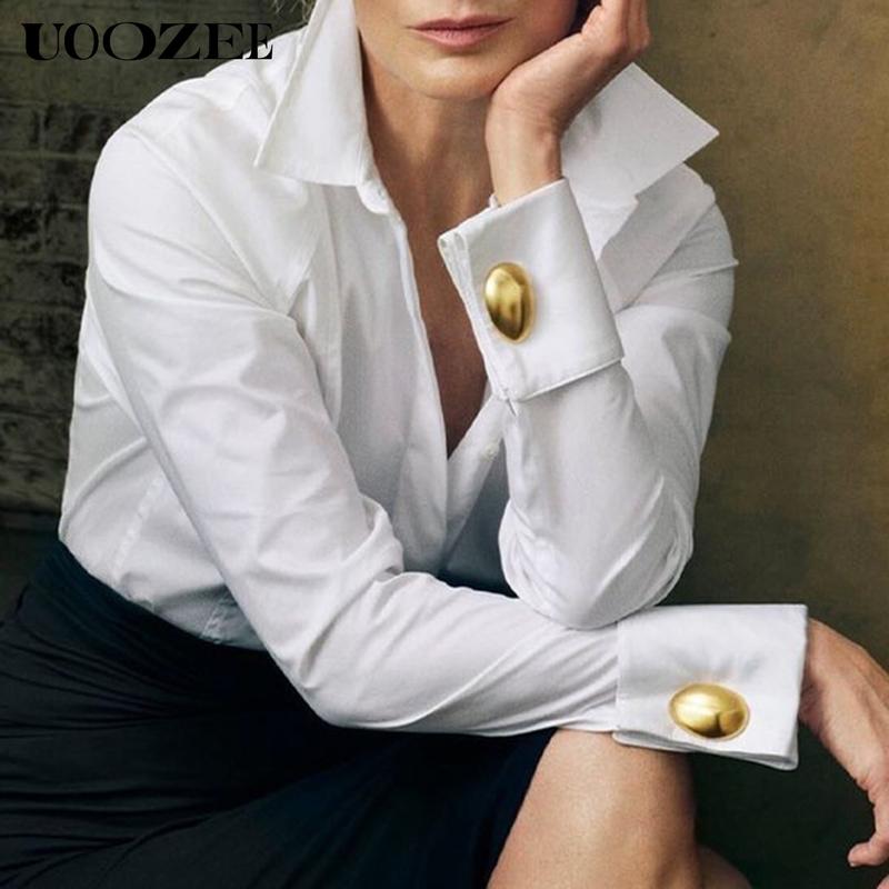UOOZE Women's long-sleeved Slim Fit button-down solid color lapel shirt top, 100% cotton, embellished with gold buttons, suitable for multiple occasions all seasons blouses (One Size Up Recommended for C - Cup and Above) Casual cute fall outfits