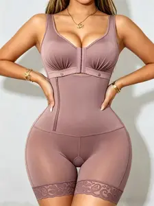 1 Count Women's Sleeveless V Neck Full Body Shaper, Fajas, Colombian Shapewear, Front Zip Cutout Bodysuit, Lace Anti Roll Hem Open Gusset Design Shapewear, Bust Support Tummy & Thigh Compression Jumpsuit, Ideal for Daily & Party