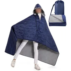 Waterproof Outdoor Blanket, Large 79"x54" Wearable Polar Fleece Poncho with Hood, Lightweight and Windproof Stadium Blanket for Camping, Travel, and Sports, Large Area, Lightweight And Practical