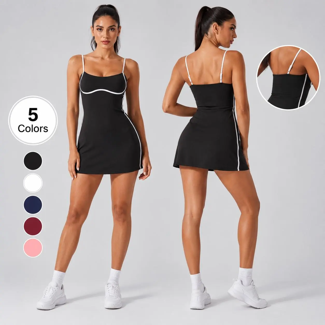 Rise Active Female Sleeveless Classic Square Neck Sports Dress with Built-in Removable Bra, Inner Shorts Pockets for Tennis, Golf, Exercise