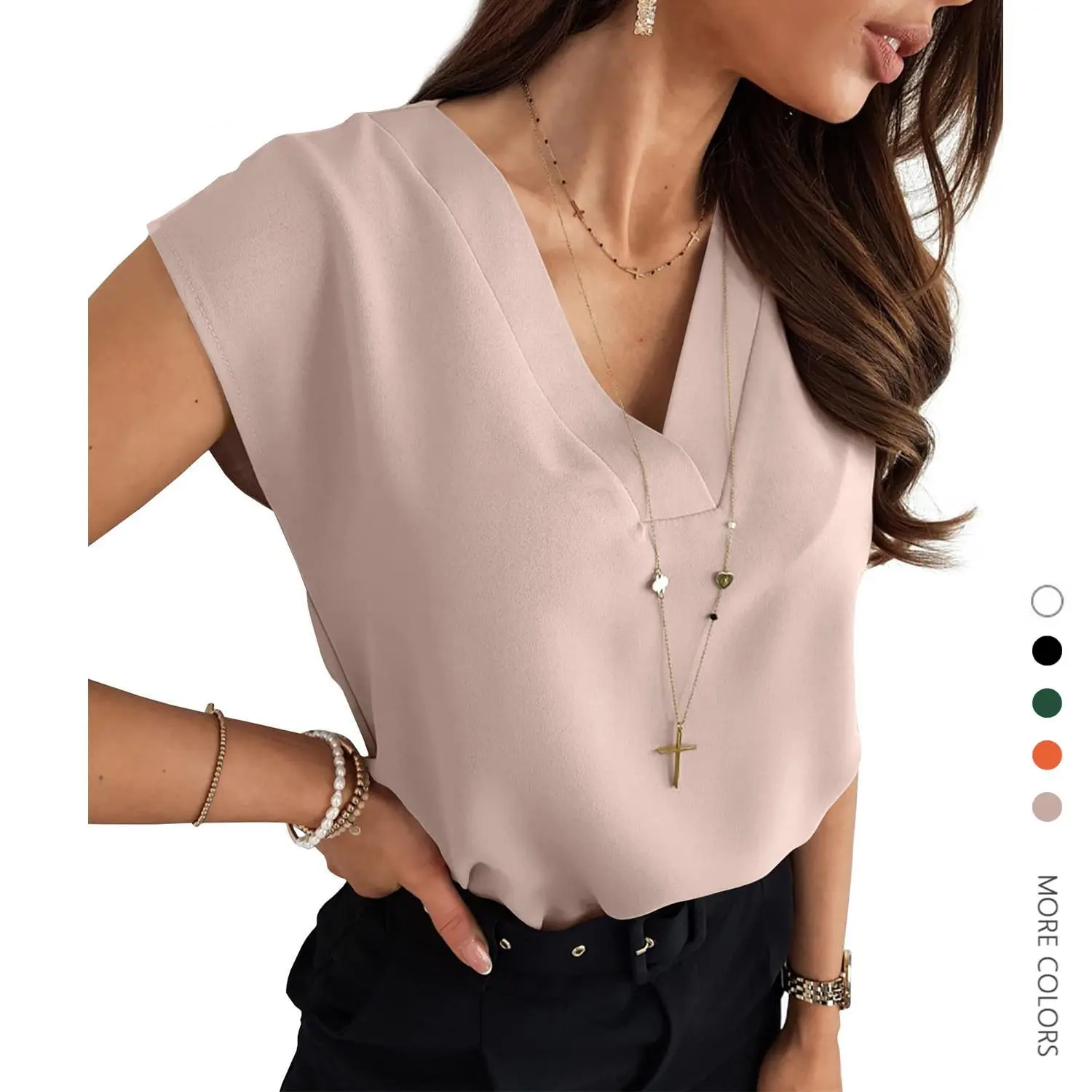 Danedvi Women's Chic Solid Chiffon Short-Sleeve Blouse - V-Neck, Loose Fit, Polyester Fabric, Sleeve Shirt, Trendy Blouses, Tops for Women, Business Casual Tops for Work Office Spring Wear,summerwins,summeroutfits,vacationoutfits,beachoutfits