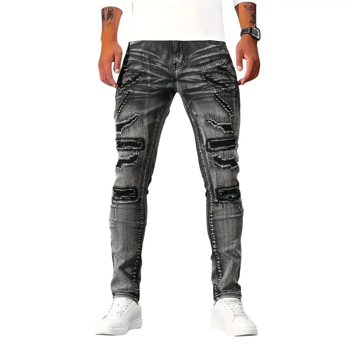 Distressed Skinny Denim Jeans with Textured Ripped Panels – Trendy Pick for Casual & Street Style