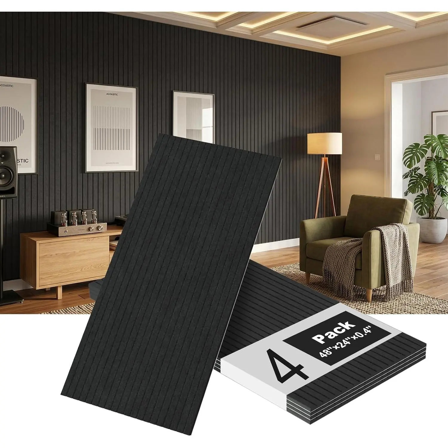 4 Pack Black Acoustic Wall Panels, 48 x 24 Inch Large Sound Dampening Panel | Decorative Self-Adhesive Sound Proof Panels for Recording Studio, , Office, Theater