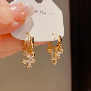 Light Luxury Metal Ball Zircon Cross Tassel Earrings DDES0970, Unique Fashionable Sweet Cool Design, Slimming Effect, 14K Gold-Plated