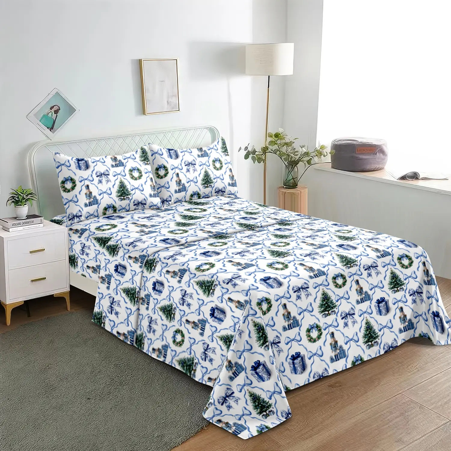 4Pcs Christmas Nutcracker Bedding Set, Blue White Bow Xmas Tree Wreath Gift Print Bed Sheet Set (1 Flat Sheet+1 Fitted Sheet+2 Pillowcases), Soft Breathable Fabric, Seasonal Holiday Bedroom Home Decor Machine Washable