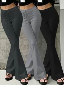 3-Piece Set Fashion Women's Pants Set Mid-Waist Drawstring Flared Yoga Pants Lazy Casual Style Women's Set Suitable for Daily Casual