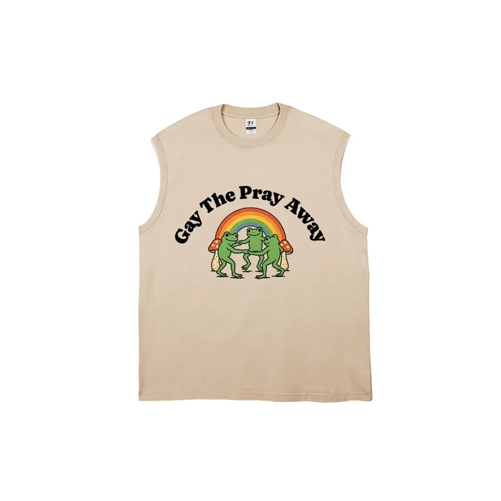 Vintage Washed Sleeveless Tank Top Unisex Gay The Pray Away Rainbow Dancing Frogs Mushroom Cartoon Graphic Cut Off Muscle Tee LGBTQ Pride Casual Streetwear Tank Shirt Multiple Colors Available