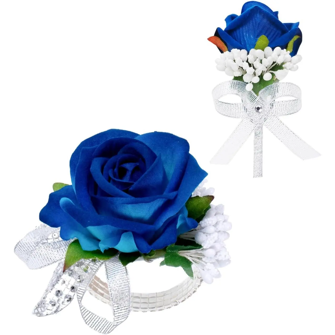2Pcs Blue Rose Corsage and Boutonniere Set, Corsage Wristlet Band for Prom Suit Decorations, Artificial Boutonniere for Men Wedding Party Flower Accessories