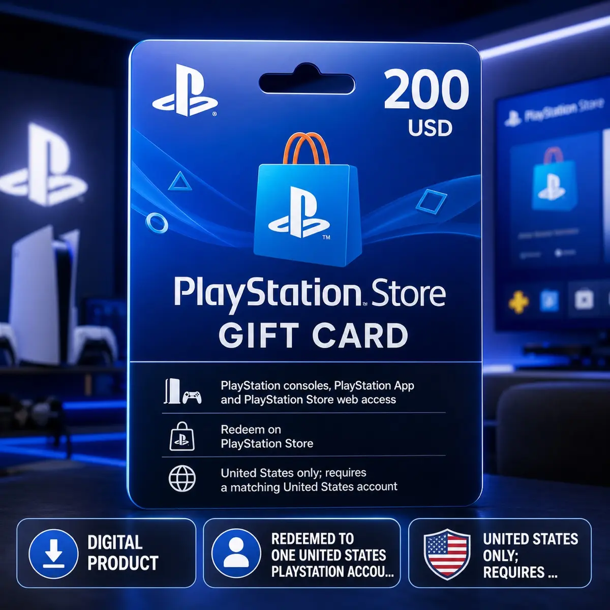 PlayStation Store Gift Card 200 USD Digital Code — United States, Gift Card, PlayStation consoles, PlayStation App and PlayStation Store web access, PlayStation Store, United States