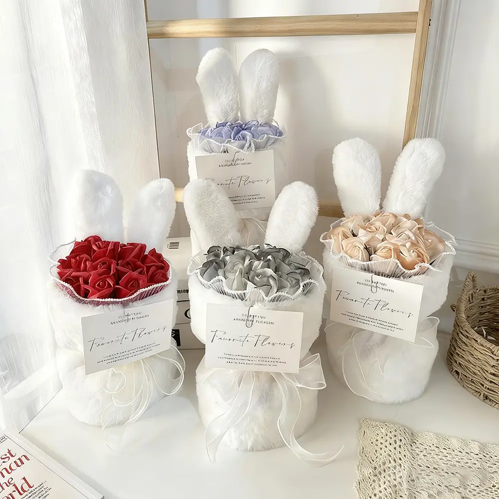 Cute Bunny Ear Artificial Rose Bouquet, Soft Rabbit Shape Flower Gift Box, Perfect for Valentine's Day and Home Decor, Eternal Roses