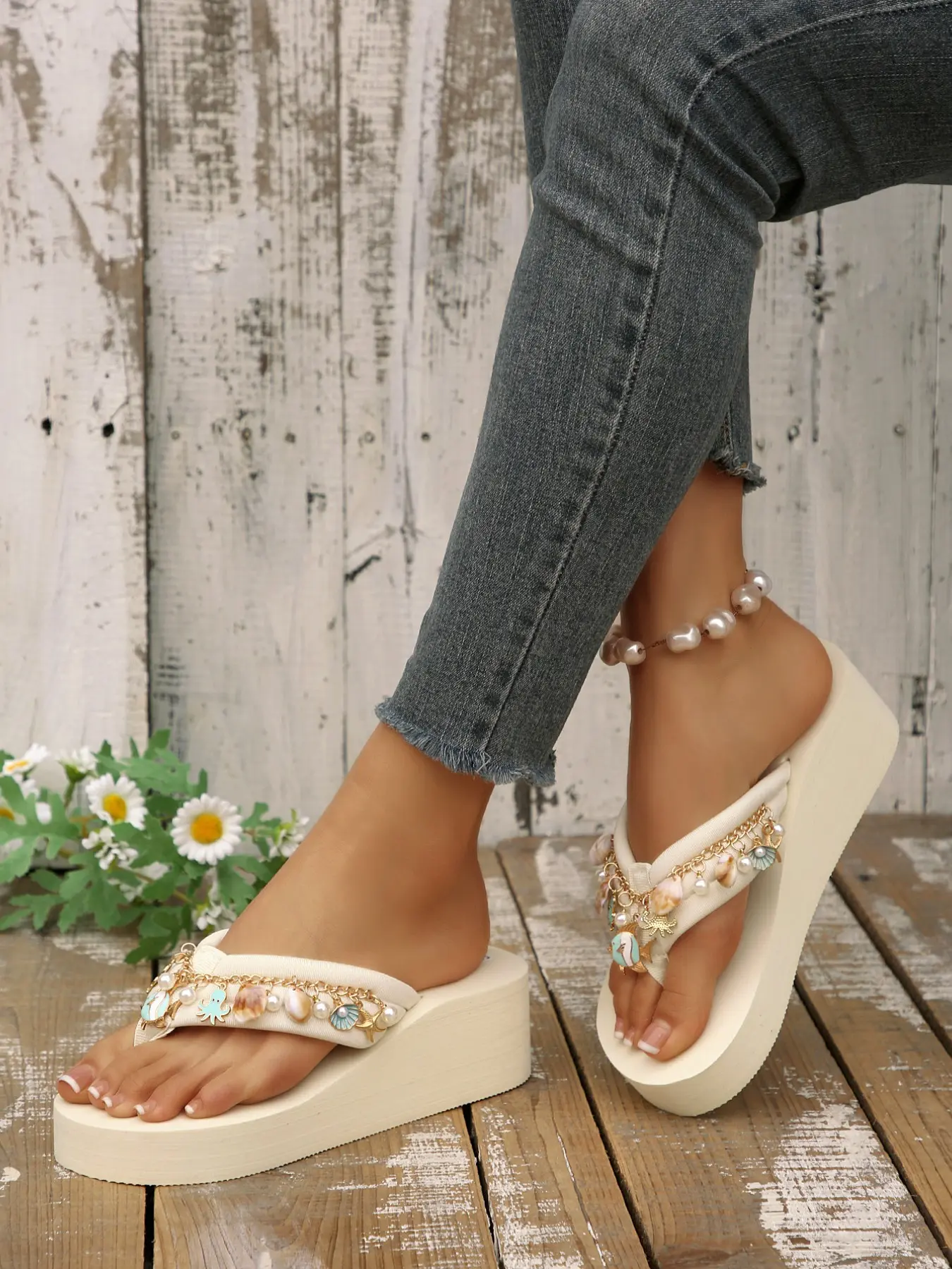 Women's Platform Wedge Flip Flops, Bohemian Flower Sandals, Boho Sandals, Casual Comfy Sandals, Sweet Flower Butterfly Pearl Chain Decor, Cute Cream Elevated Slip on Summer Beach Slippers