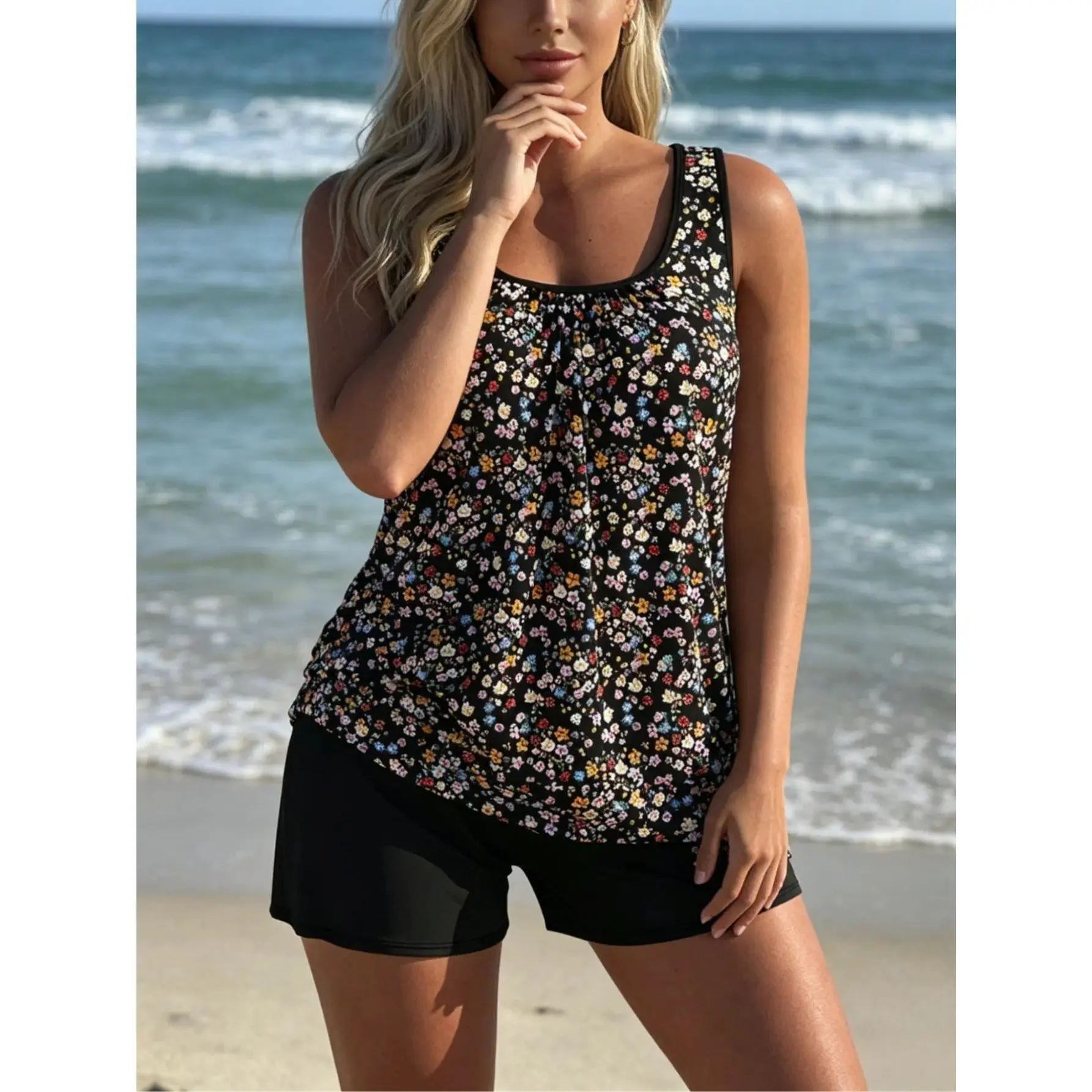 Plus Size Modest Tankini Swimsuit 2 Piece, Ditsy Floral Ruched Tummy Control Tankini Top & Solid Boyshort Bathing Suit, Loose Flowy Swimwear for Beach Pool Vacation