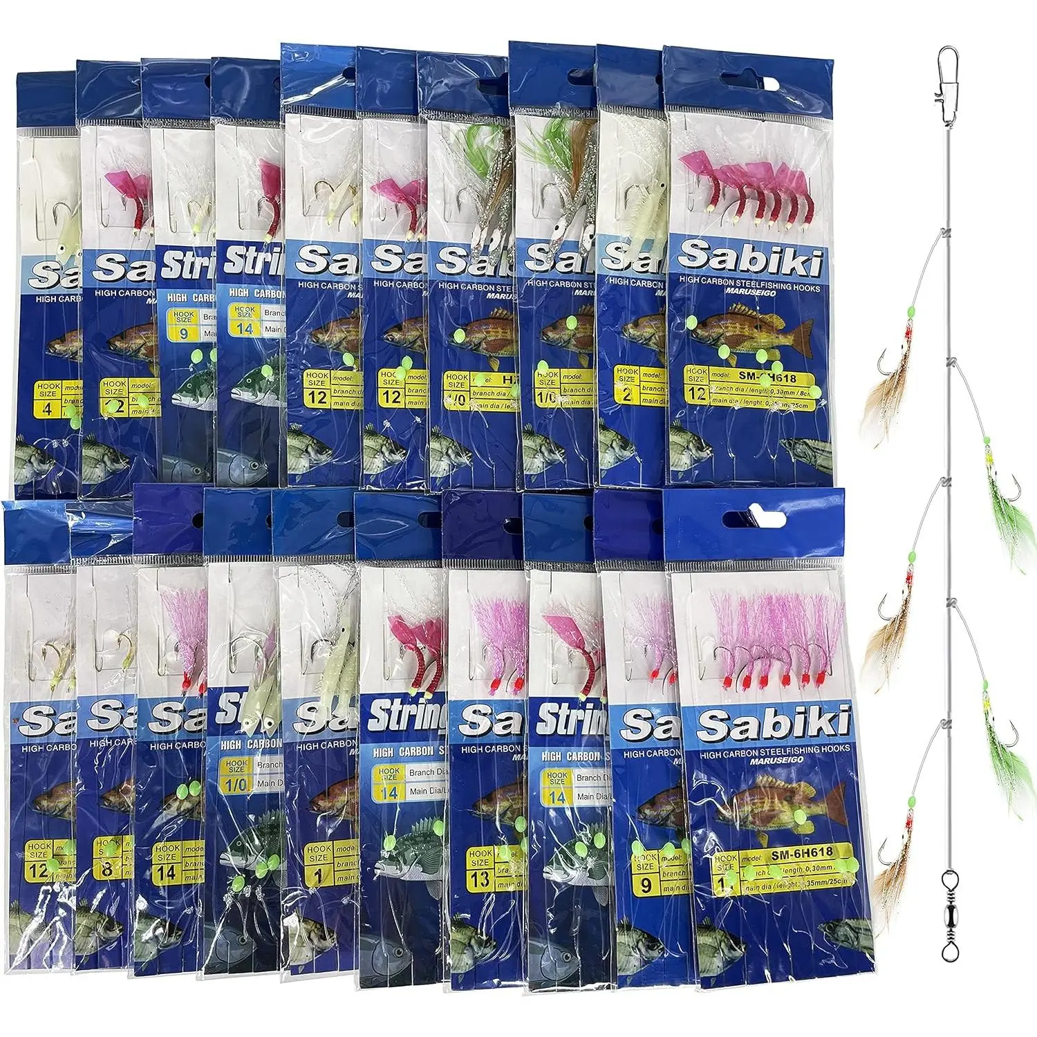 Sabiki Rigs Set, 20-Pack Luminous  Rigs with  Hooks, Soft Shrimp Lure for Surf & Saltwater Fishing