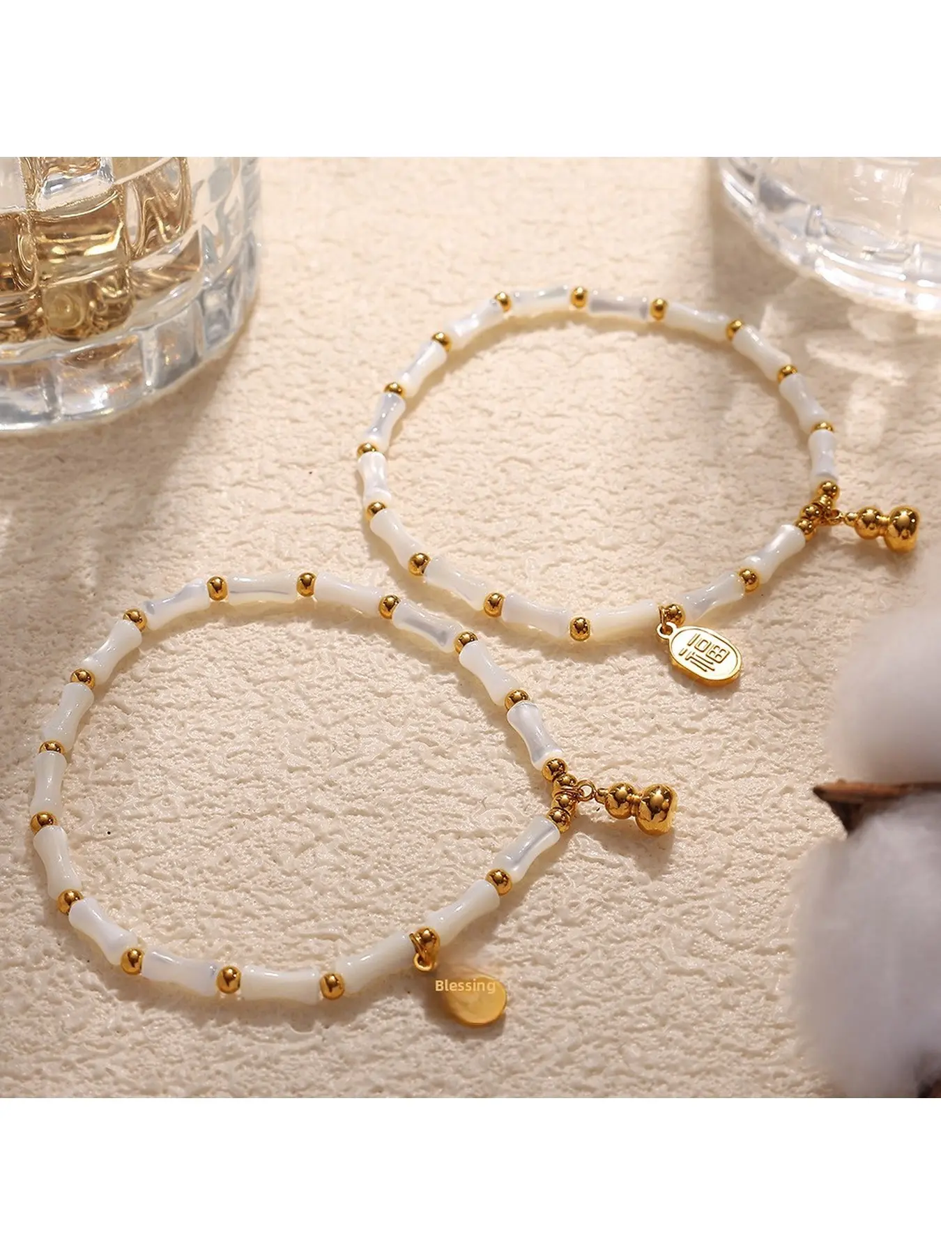 Minimalist White Shell Bamboo Bead Titanium Steel Bracelet, Luxury Non-fade INS Jewelry
