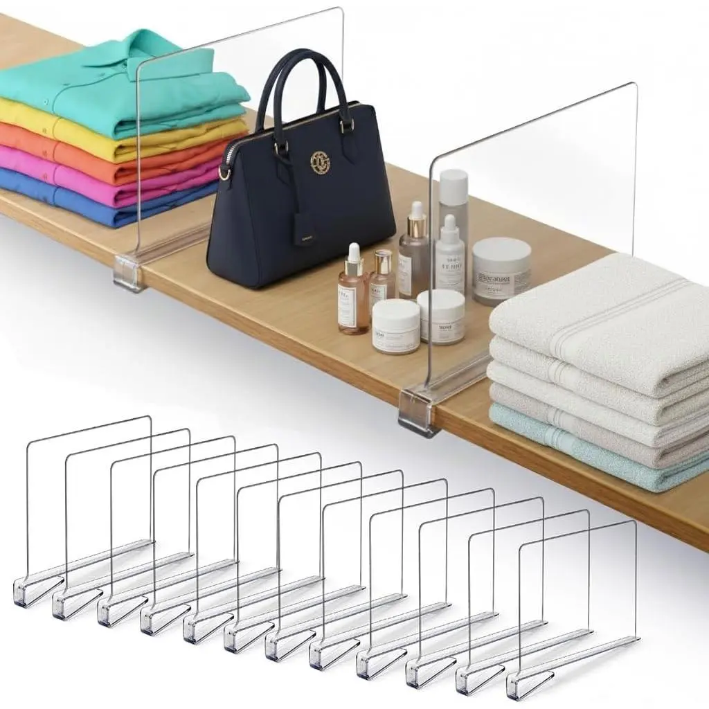 12 Pack Acrylic Shelf Dividers for Closet 11x7.9 Inch – Acrylic Dividers for Shelves Clear Closet Shelf Separators for Purses, Clothes Storage – Vertical Bookshelf Dividers for Bedroom & Kitchen