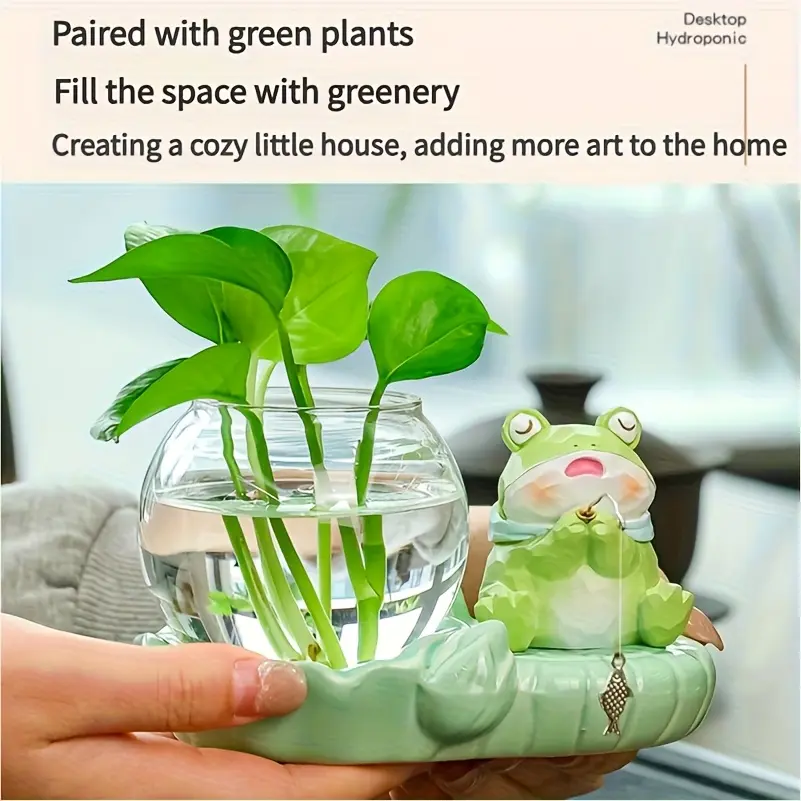 Ceramic Kitten/Frog Shaped Hydroponic Planter - Cute Fishing-Themed Decor, Flower Vase, Lazy Hydroponic Set, Desktop Plant Ornaments, Room & Office Green Culture Healing Gift