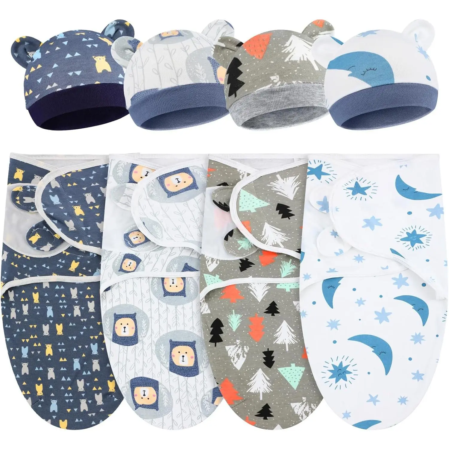 4 Pack Preemie Swaddle Blanket Wrap Set with Hat  Baby Boys Girls 3-7 Lbs Preemie Newborn Clothes Sleepers Cap