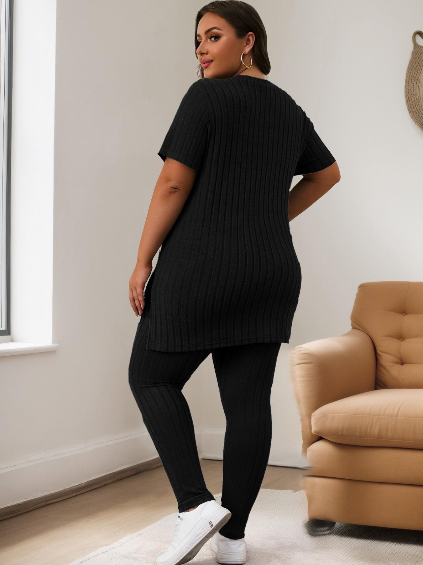 【Plus Size】 Solid Color Ribbed Tee & Elastic Waist Pants Set, Casual Fashion Cozy Two-piece Outfits for Daily Outdoor Wear, Women Clothing for Summer, Womenswear