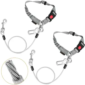 2 in 1 Chew Proof Steel Cable Dog Car Seat Belt Heavy Duty Headrest Restraint for Medium Large Dogs Chewer Swivel Attach Dog Car Accessories