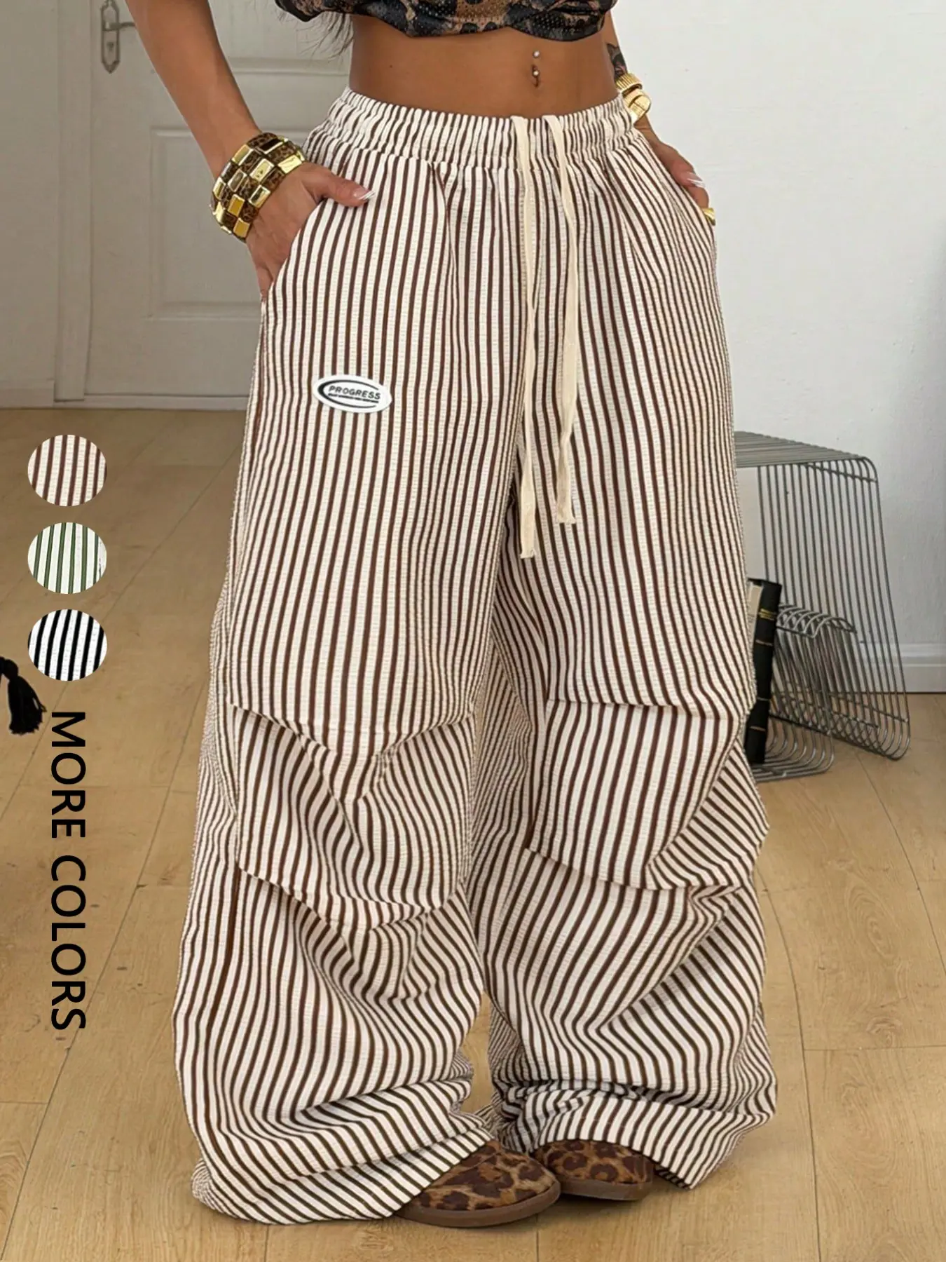 Women's Summer Loose Fit Baggy Oversized Striped Wide Leg Pants, Casual Mid Waist Elastic Waist Long Pants, Comfortable H-Type Silhouette
