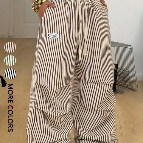Women's Summer Loose Fit Baggy Oversized Striped Wide Leg Pants, Casual Fashion Loose Mid Waist Elastic Waist Long Pants, Comfortable H-Type Silhouette