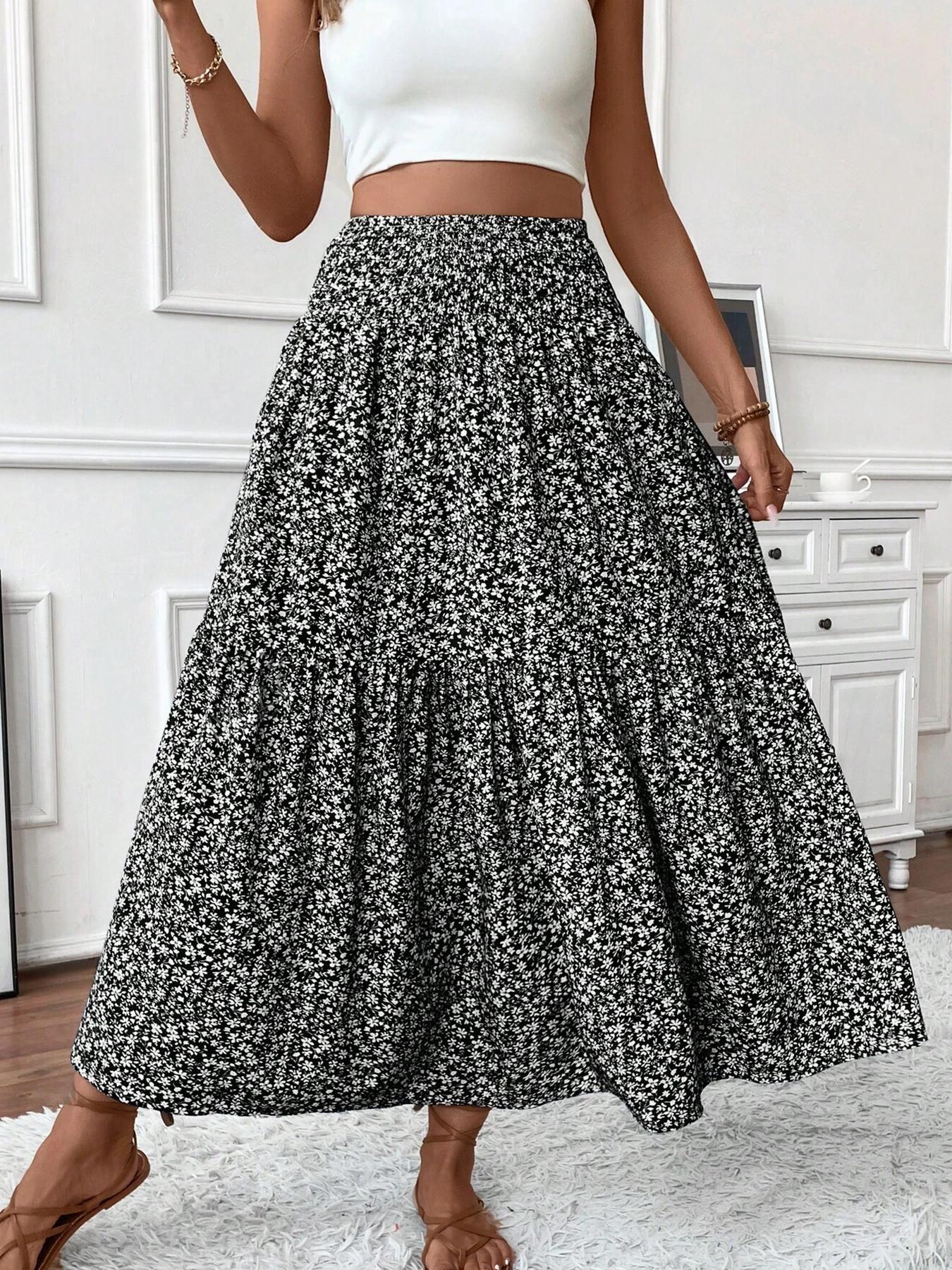 Women's Ditsy Floral Print A Line Ruffle Hem Skirt, Boho Fashion Casual Skirt for Daily Holiday Vacation Wear, Ladies Bottoms for Summer