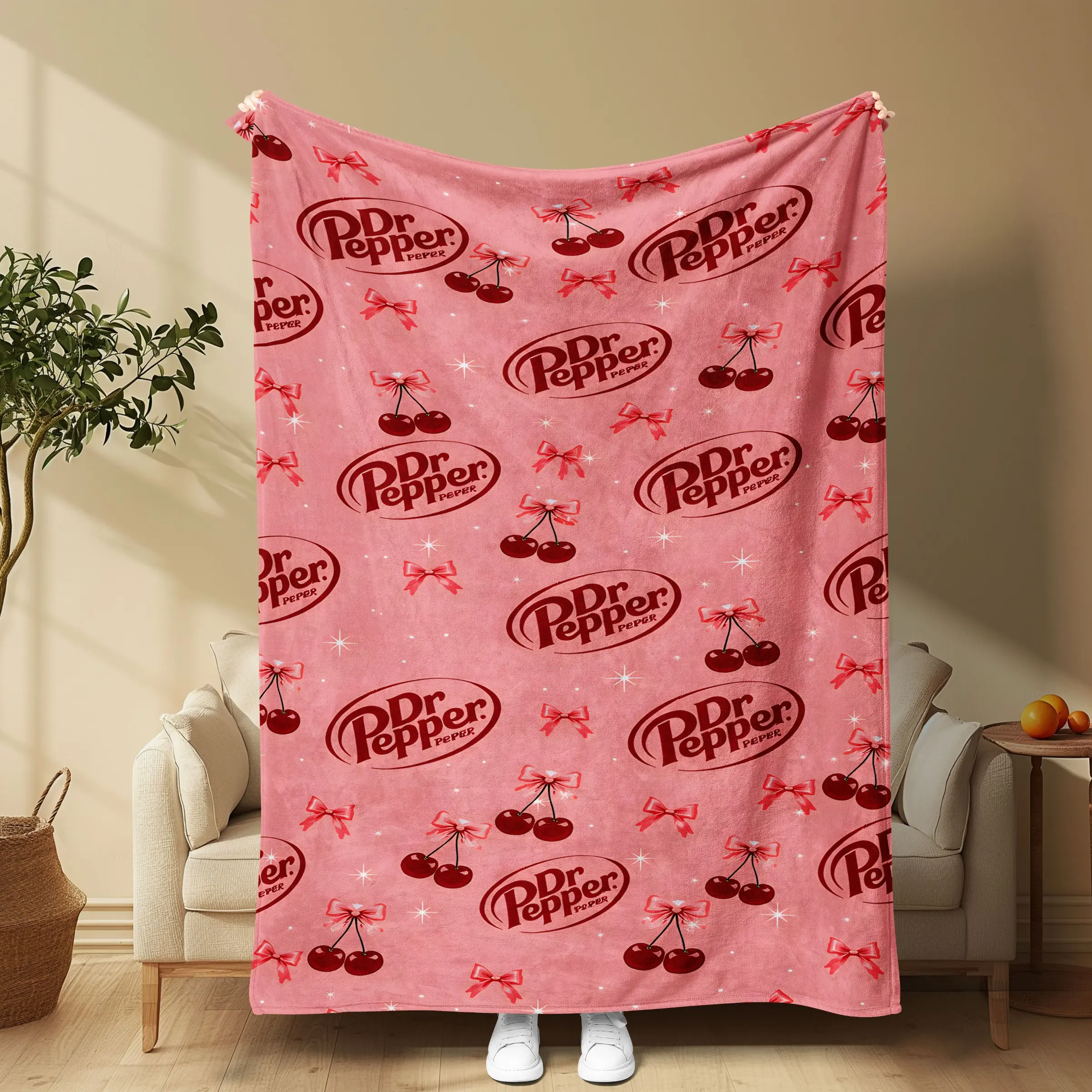 Cherry Bow Blanket, Soft Flannel, Base, Cherry Bow, Star Element Print, Retro Style, Sofa Bed Cover, Office Nap, Photo Backdrop