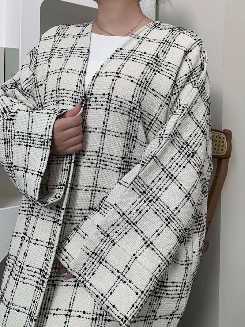 Women's Plaid Print Drop Shoulder Belted Pocket Robe, Casual Long Sleeve Open Front Robe for Fall & Winter, Women's Islamic Clothing for Daily Wear, Modesty Muslim Clothing