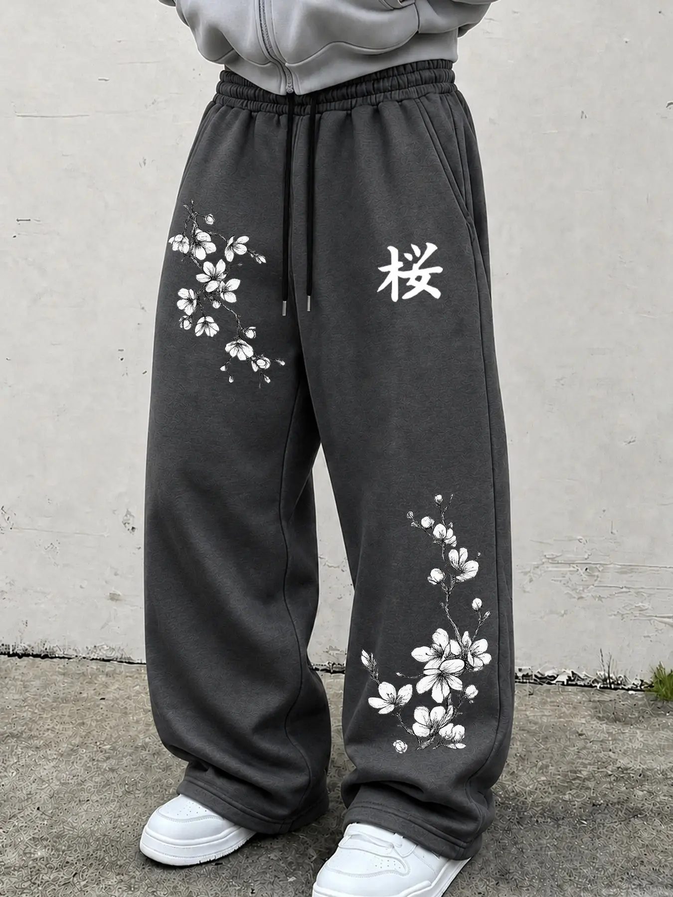 Unisex Black Cherry Blossom Print Sweatpants, Japanese Letter Graphic Baggy Wide Leg Joggers with Drawstring, Oversized Streetwear Pants for Fall Winter#CherryBlossomPants #BlackSweatpants #FloralPrintPants #JapaneseStyle#LetterGraphic #BaggyPants