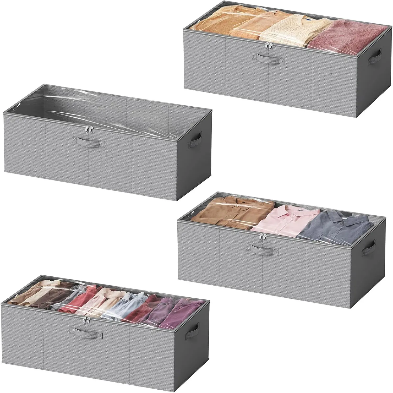 4 Pack 10" High Under Bed Storage Containers, Large Underbed Storage Organizer Bins with Lids for Bedroom, Dorm, Clothes, Closet Organization, Bed Sheets and Blankets (Gray)