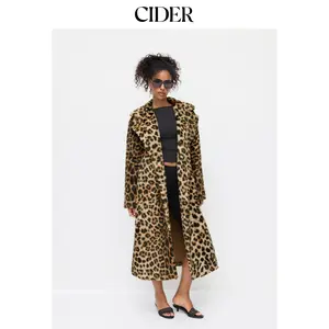 Cider Oversized Leopard Notched Collar Button Faux Fur Longline Coat Dealsforyou