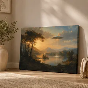 European Lakeside UFO Vintage Landscape Oil‑Painting Horizontal Canvas Wall Art, Surreal Sci‑Fi Art Horizontal Poster