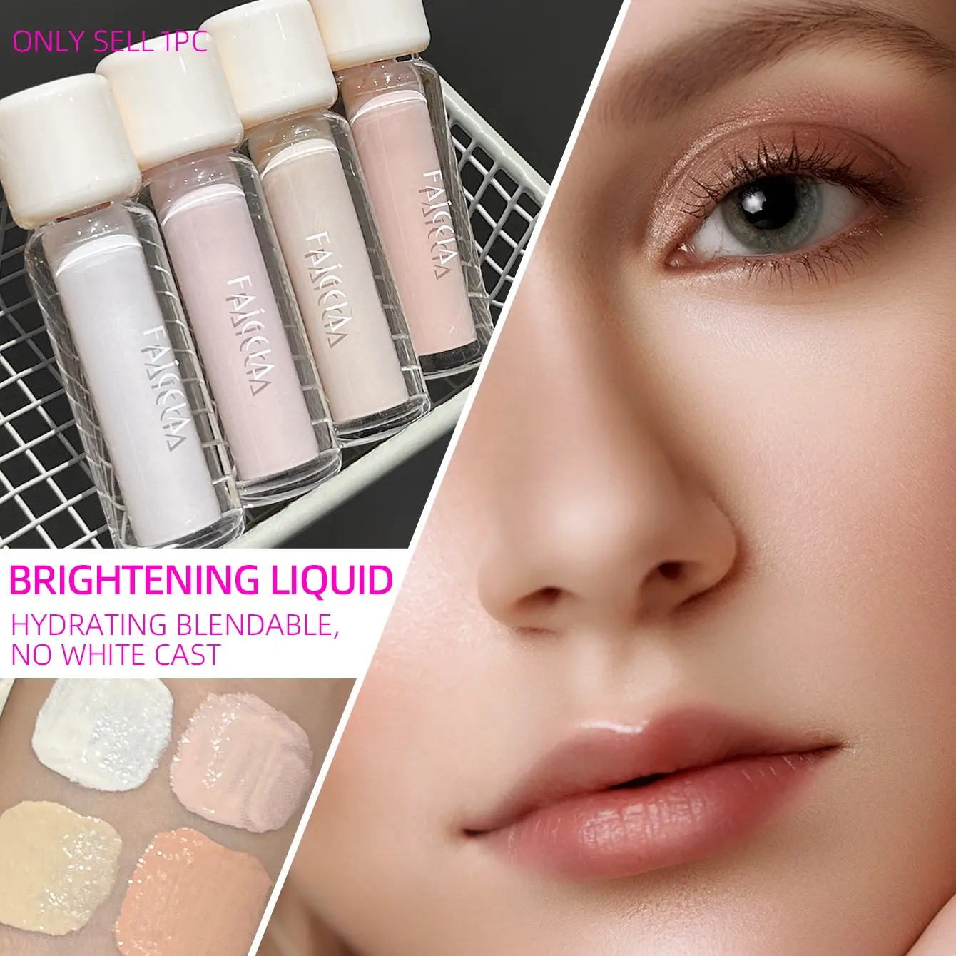 FAICCIA luminous liquid highlighter hydrating lightweight texture easy to blend no heavy makeup look four shades fit all skin tones delicate shimmer brighten facial contour instantly plump sunken areas like tear troughs and smile lines portable brush head