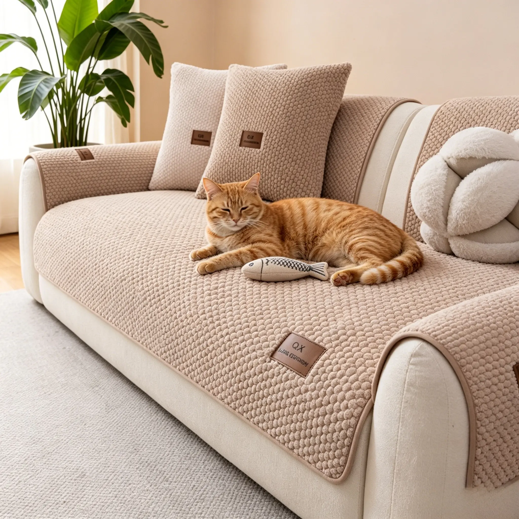 1-Piece Waffle Textured Sofa Cushion Cover, Non-Slip Silicone Dots Backing, Machine Washable Stain Resistant Waterproof Couch Protector, Fashion Couch Protector, Pet Friendly Anti-Scratch Furniture Slipcover for 3 Seater Living Room Sofa, Brown