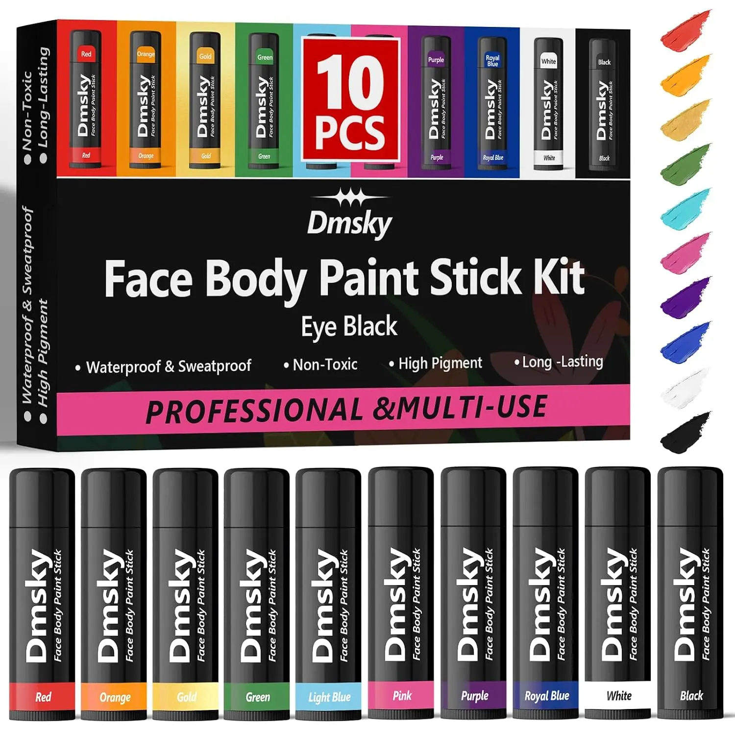 10-Pack 10 Colors Cosmetic Eye Black Sports Stick Makeup Products, Anti-Glare Waterproof Face Paint Kit for Football Athletes & Fans