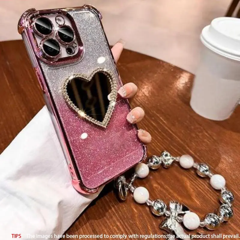 Glitter Heart Shaped Phone Case with Pearl Bracelet & Mirror, Shockproof Phone Protective Cover, Phone Protector, Phone Accessories for iPhone  17 16 Pro Max 15Plus 14Plus 13 12, Casin, Casing